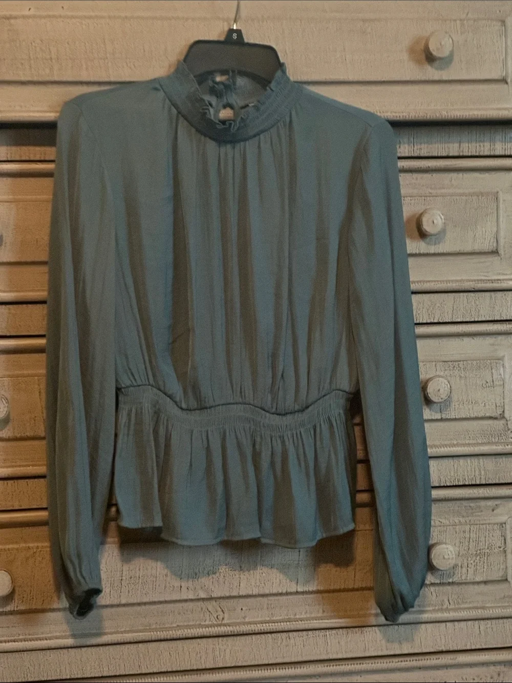 Nine West Slate Gray Long-Sleeve Ruffled Peplum Blouse - Picture 1 of 7